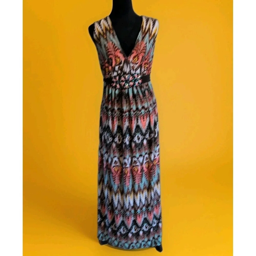 R&M Richard's Women's Size 14 VNeck Maxi Dress Geometric Jeweled Tie Peach Brown